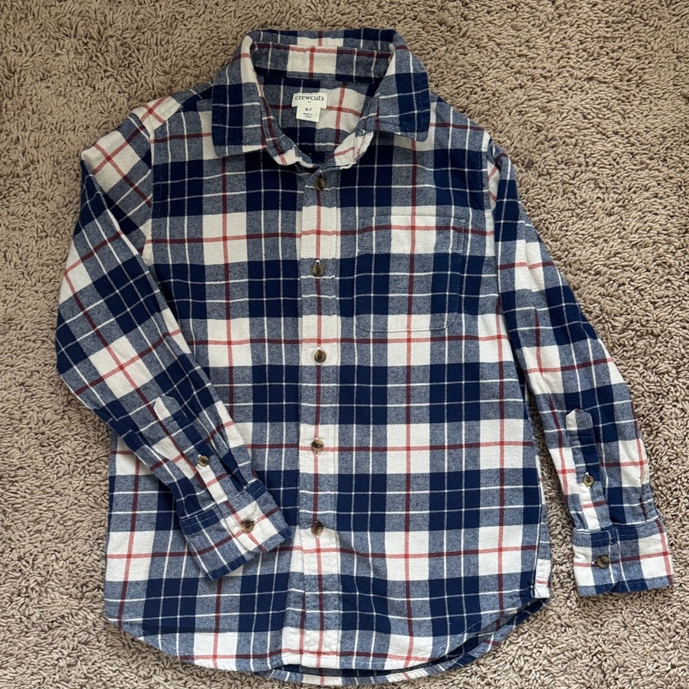 Crewcuts Kids Checkered Plaid Button Down Shirt - Blue, White, Cream
